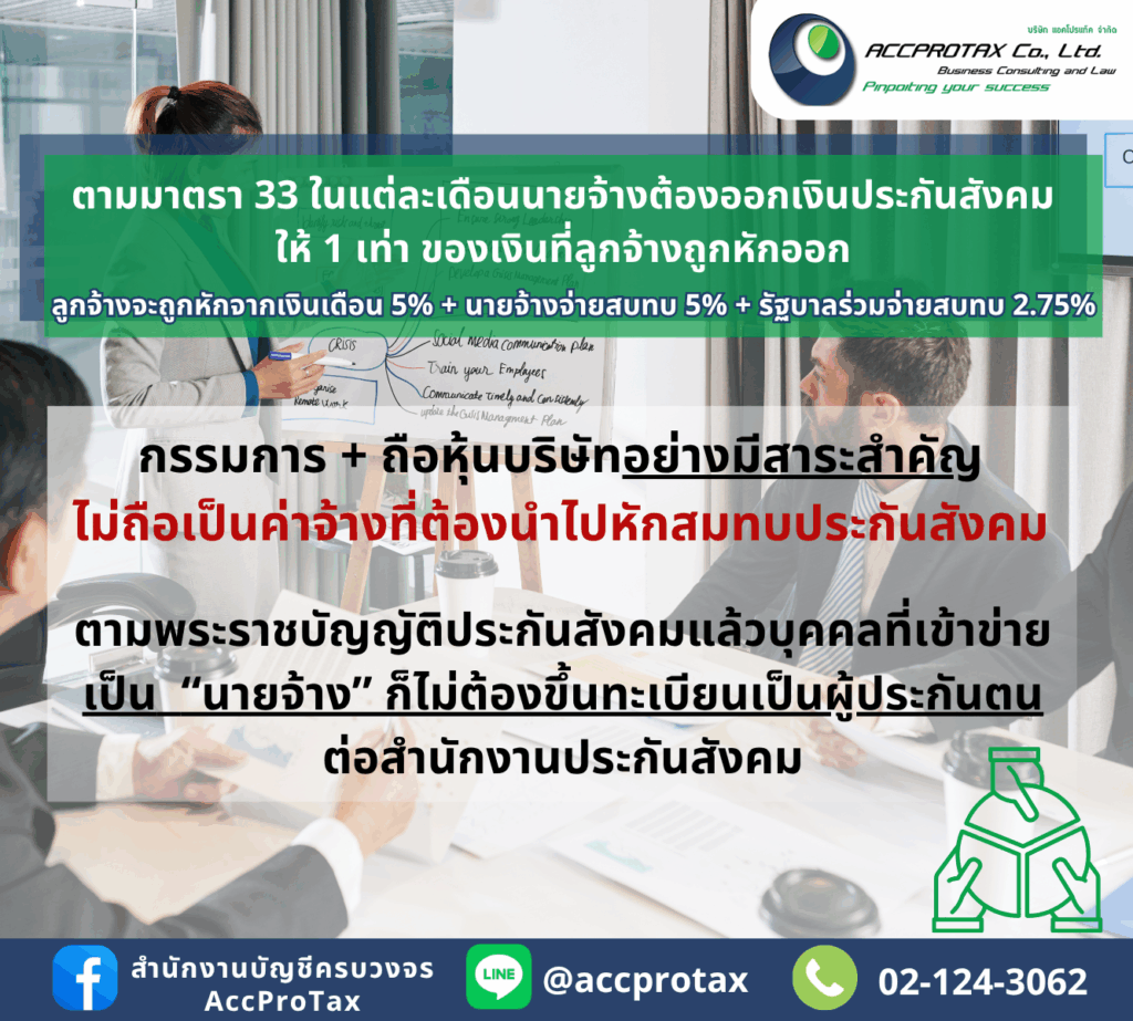 กรรมการ หรือนายจ้าง และถือหุ้นอย่างมีสาระสำคัญ ถือเป็นนายจ้าง ไม่ต้องขึ้นทะเบียนเป็นผู้ประกันตน