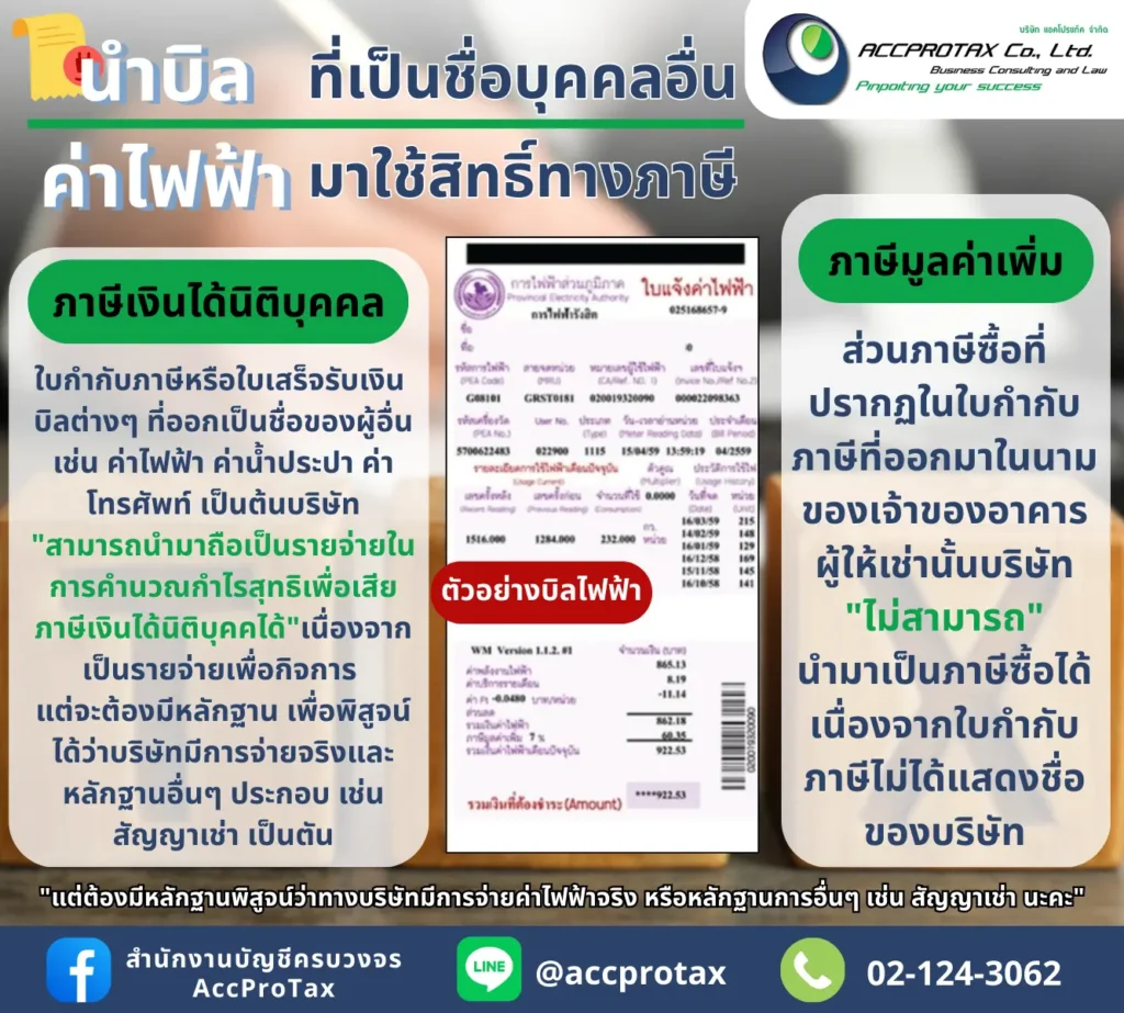 บิลค่าไฟฟ้า ค่าน้ำประปา ค่าโทรศัพท์ ที่เกี่ยวข้องกับกิจการจริง ไม่สามารถนำภาษีซื้อมาบันทึกทางภาษีมูลค่าเพิ่มได้ แต่เป็นรายจ่ายทางภาษีเงินได้นิติบุคคลได้