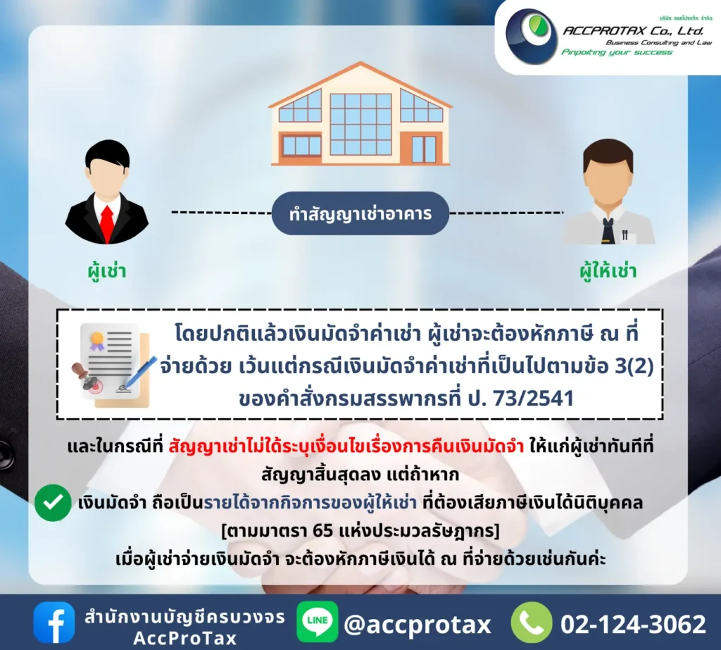 เงินมัดจำ และเงินประกันการเช่าอสังหาริมทรัพย์ ต้องหักภาษี ณ ที่จ่าย