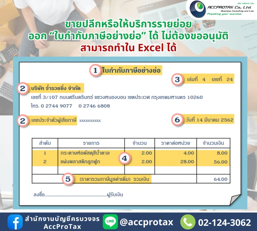 “กิจการขายปลีก หรือให้บริการรายย่อย” สามารถออกใบกำกับภาษีอย่างย่อได้ โดยไม่ต้องขออนุมัติจากกรมสรรพากร สามารถทำใบกำกับภาษีอย่างย่อใน Excel ได้