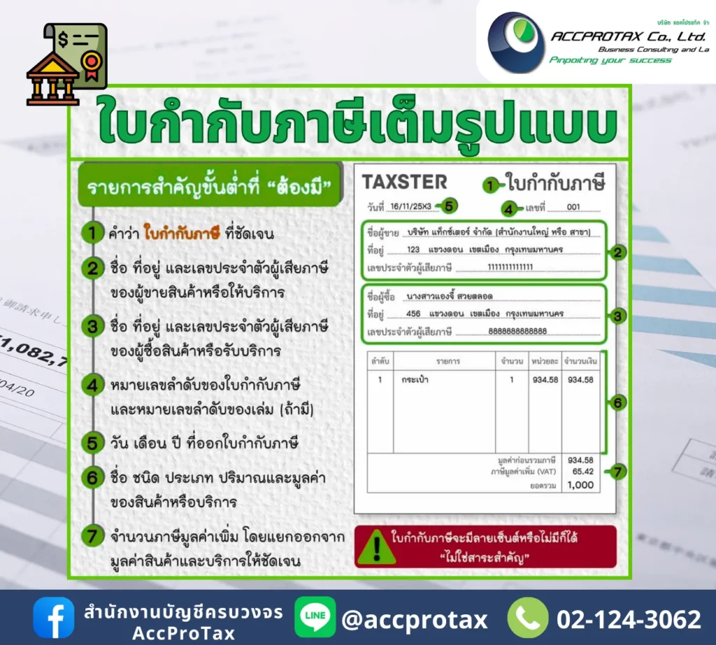 รายการที่ต้องมีในใบกำกับภาษีเต็มรูปแบบ