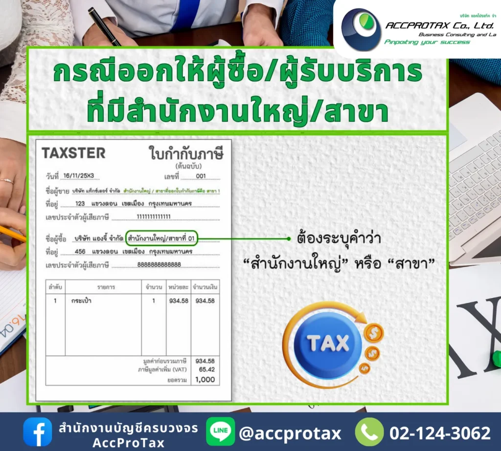 ใบกำกับภาษีเต็มรูปแบบ กรณีออกให้ผู้ซื้อ/ผู้รับบริการ ที่มีสำนักงานใหญ่ หรือสาขา