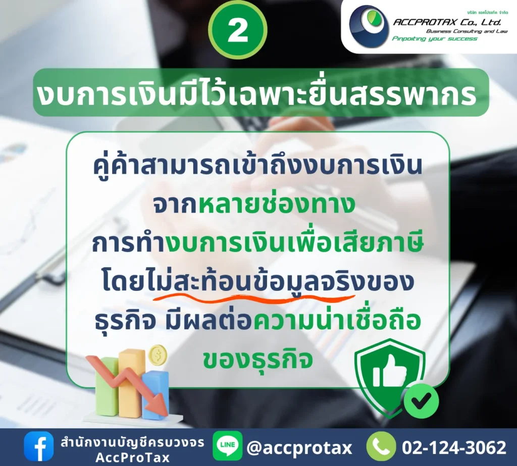 คู่ค้าสามารถเข้าถึงงบการเงินจากหลายช่องทาง การทำงบการเงินเพื่อเสียภาษี โดยไม่สะท้อนข้อมูลจริงของธุรกิจ มีผลต่อความน่าเชื่อถือของธุรกิจ