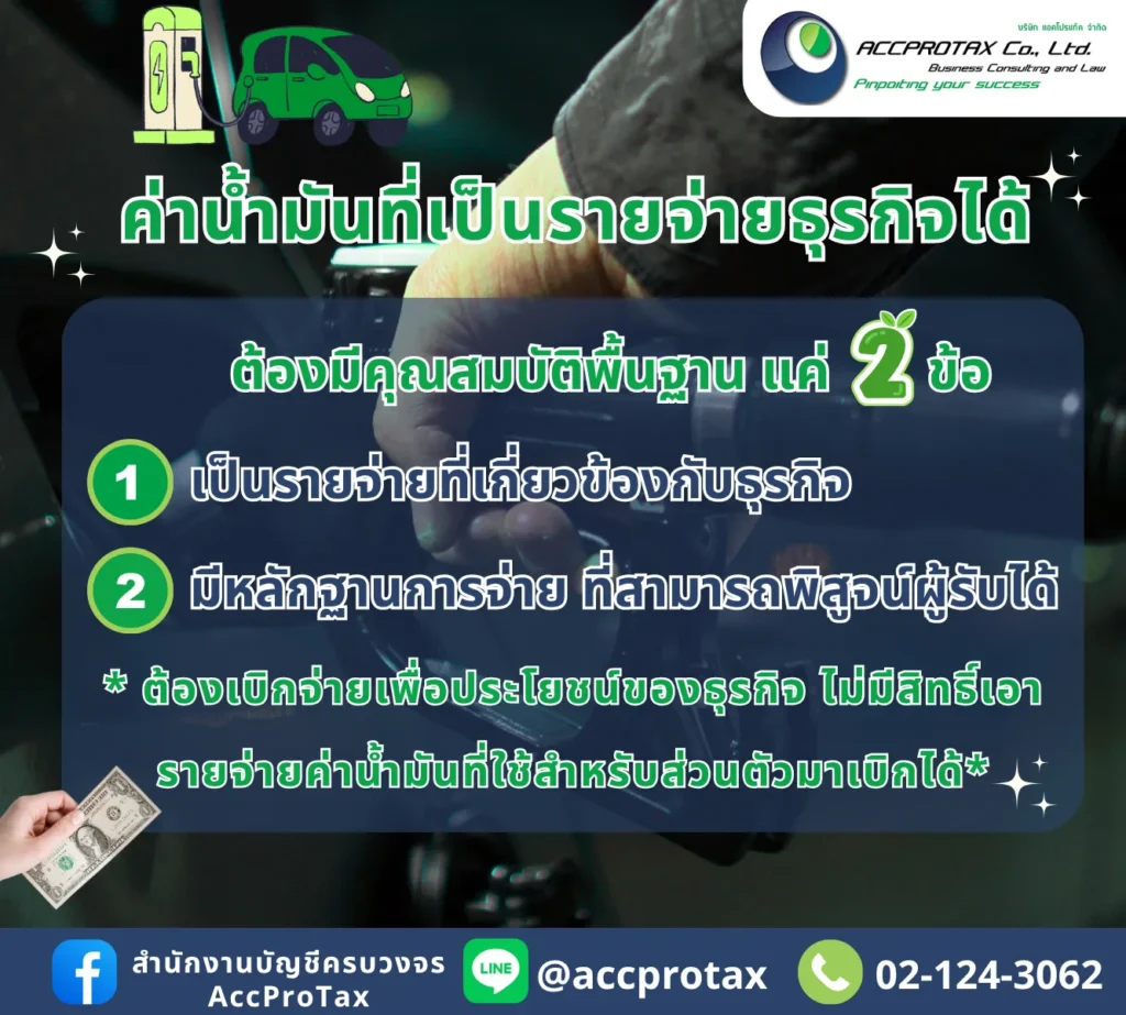 ค่าน้ำมันรถยนต์ ทำเป็นรายจ่ายของกิจการได้ ต้องเป็นรายจ่ายที่เกี่ยวข้องกับธุรกิจ และมีหลักฐานการจ่าย ที่สามารถพิสูจน์ผู้รับได้