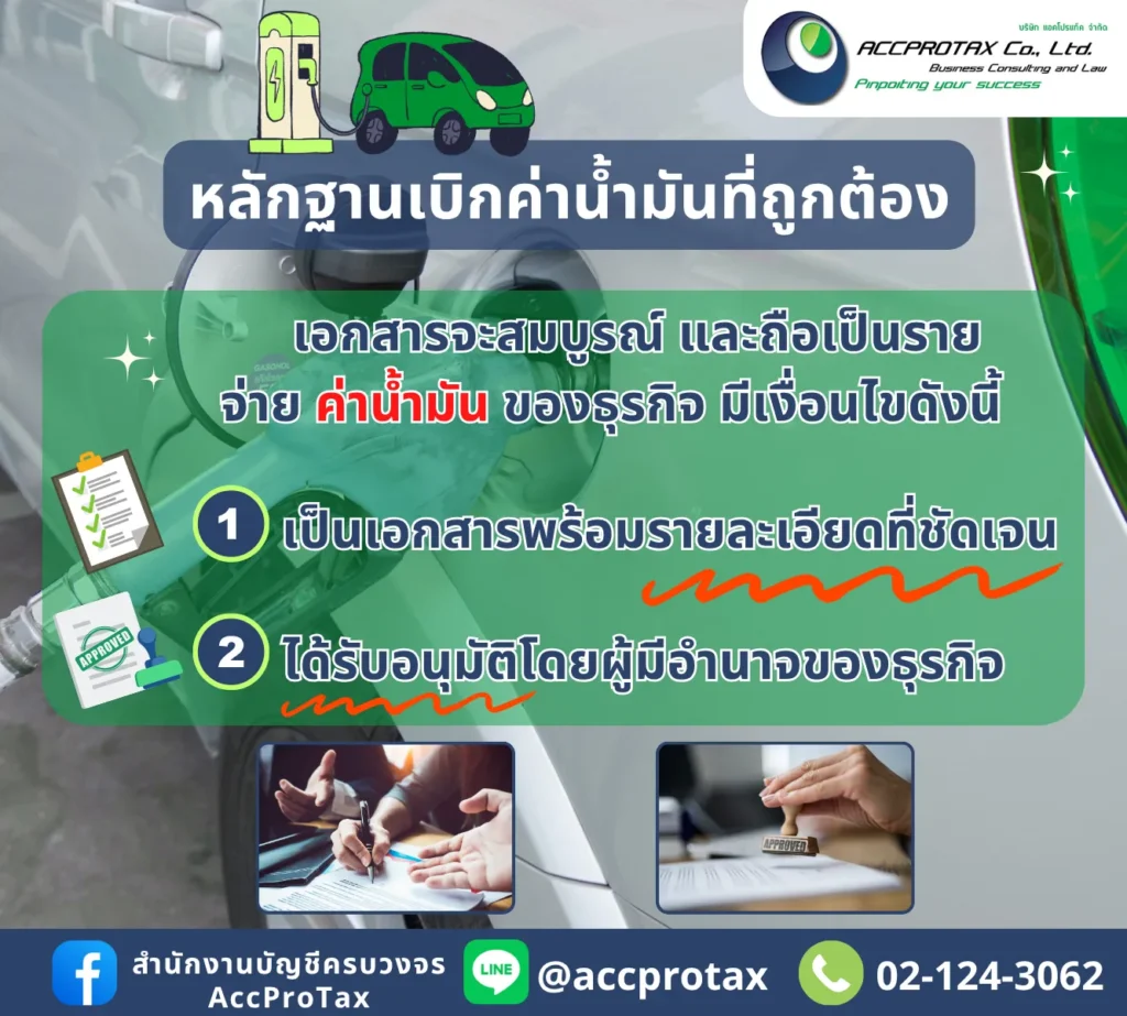 เอกสารจะสมบูรณ์ แบะเป็นรายจ่ายการเบิกค่าน้ำมัน จะต้องมีเอกสารพร้อมรายละเอียดชัดเจน และได้รับอนุมัติจากผู้มีอำนาจของกิจการเสมอ